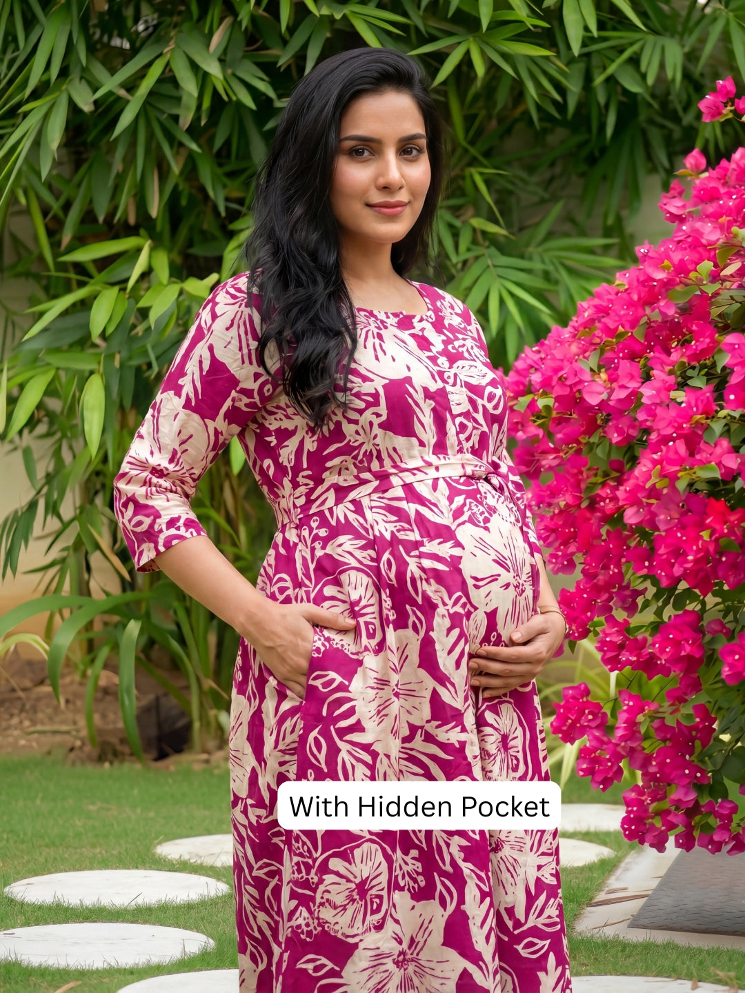 Hibiscus - Pink White - Maternity Kurti with Feeding Zips - Soft Rayon