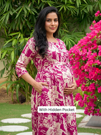 Hibiscus - Pink White - Maternity Kurti with Feeding Zips - Soft Rayon