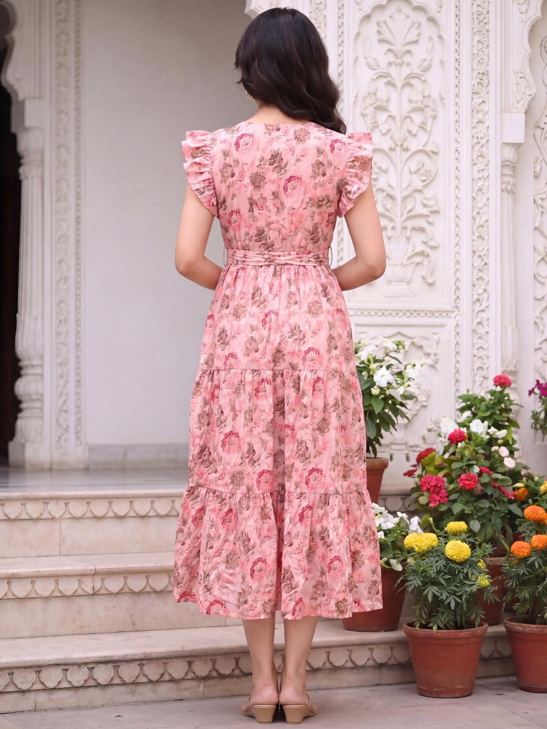 Pink Grey Flower - Sleevless Midi Dress - Soft Rayon