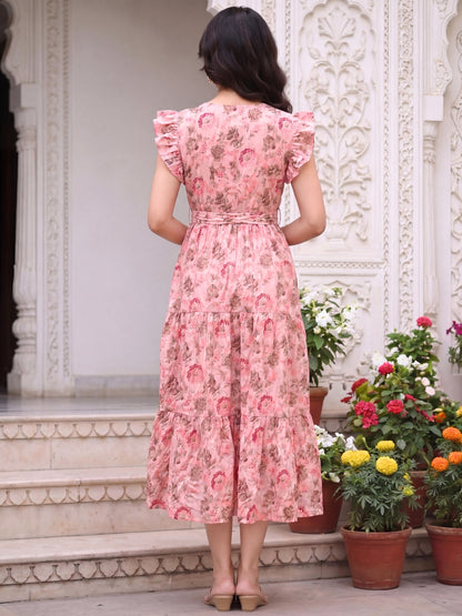 Pink Grey Flower - Sleevless Midi Dress - Soft Rayon