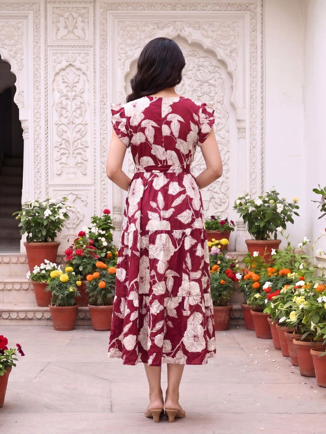 Hibiscus Maroon - Sleevless Midi Dress - Soft Rayon