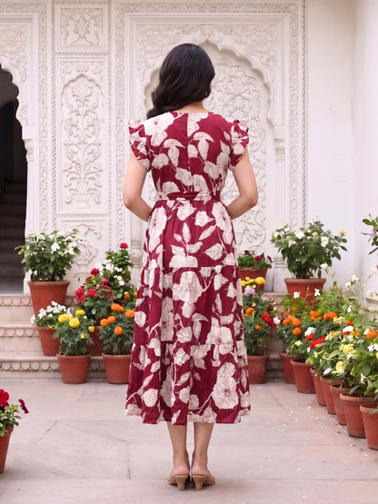 Hibiscus Maroon - Sleevless Midi Dress - Soft Rayon
