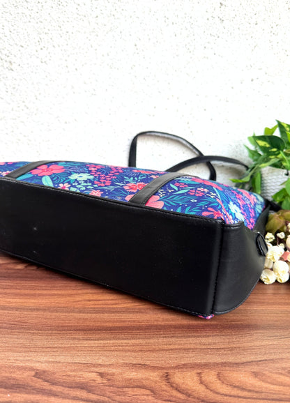 Blue Pink Flower - Office & College Tote Bag with Laptop Compartment
