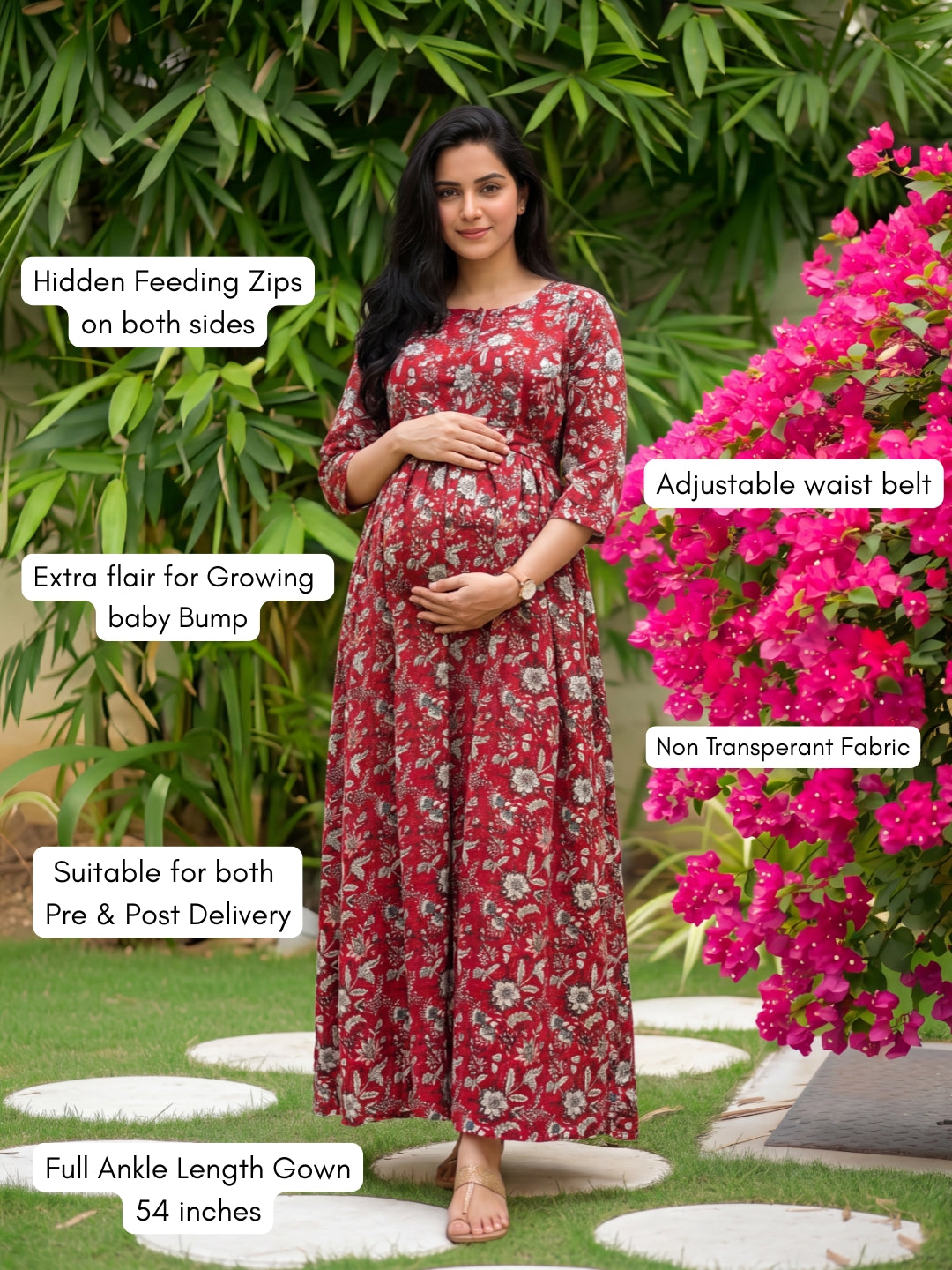 Maroon Forrest Print - Maternity Kurti with Feeding Zips - Cotton Flex - Thicker Fabric