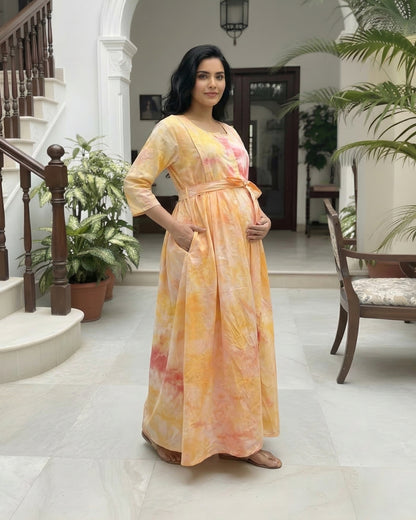Tie Dye - Yellow - Maternity Kurti with Feeding Zips - Soft Rayon