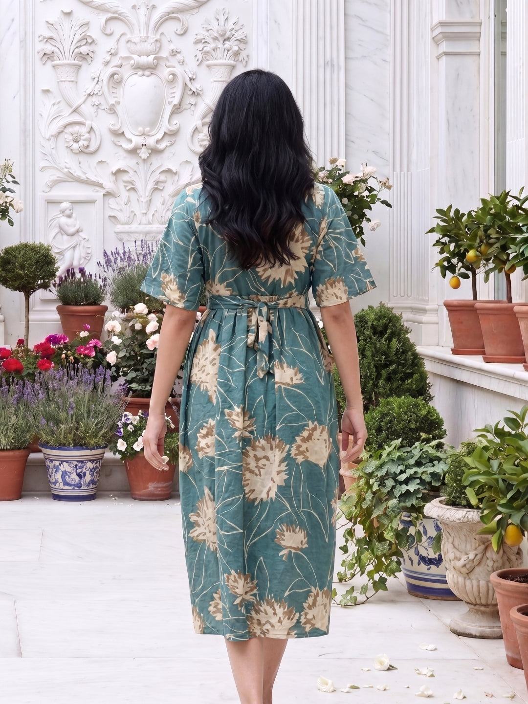 Turquoise Cream- Short Sleeves Midi Dress -  Pure Cotton