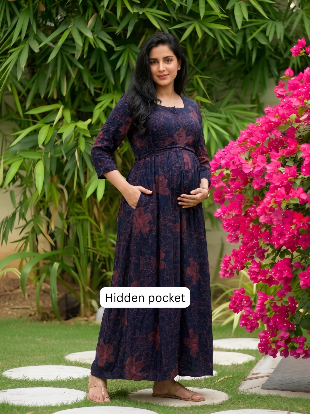 Hibiscus Blue Pink - Maternity Dress with Feeding Zips - Soft Rayon