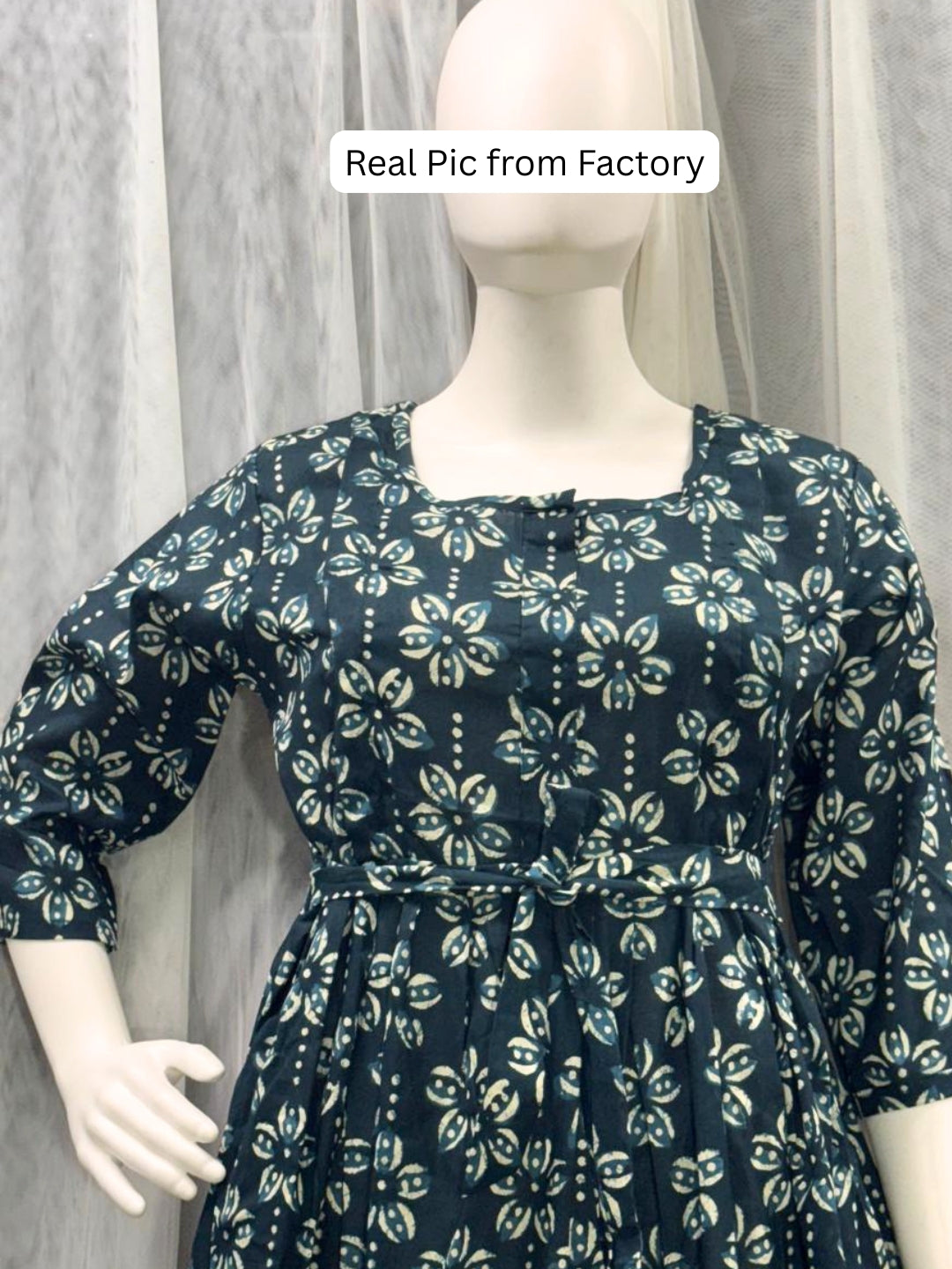 Iris Flower  - Peacock Blue - Maternity Kurti with Feeding Zips - Cotton Flex - Thicker Fabric