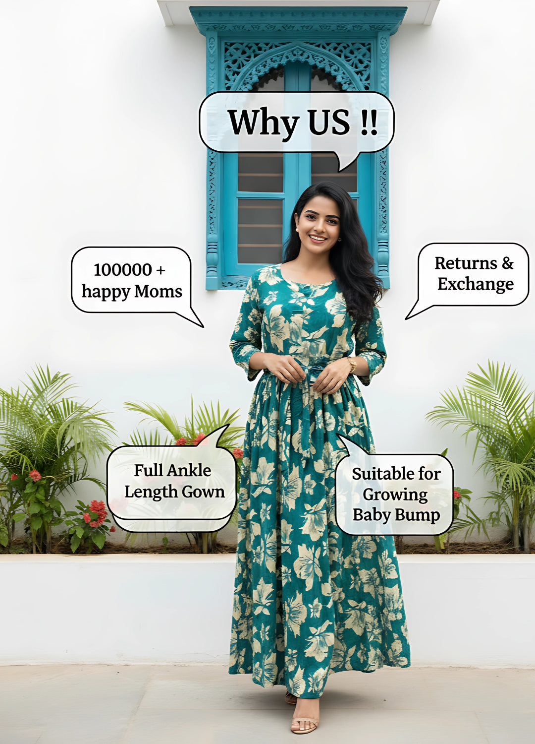 Tropical - Sea Green - Maternity Kurti with Feeding Zips - Soft Rayon