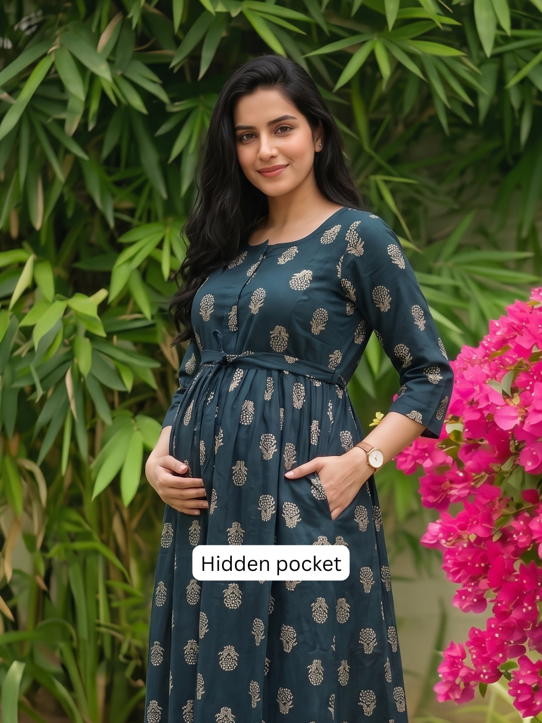 Rustic Flower - Blue - Maternity Dress with Feeding Zips - Pure Cotton