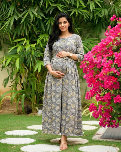 Katha Grey Lotus - Maternity Kurti with Feeding Zips - Cotton Flex - Thicker Fabric