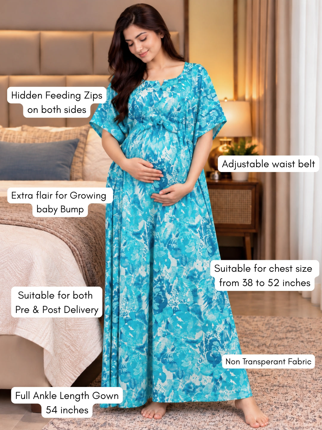 Kaftan - Tropical Sea Blue - Maternity  Feeding Zips - Free Size - Soft Rayon