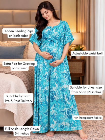 Kaftan - Tropical Sea Blue - Maternity  Feeding Zips - Free Size - Soft Rayon