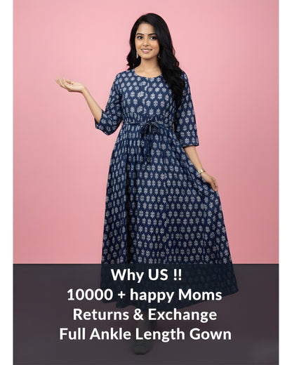 Blue Flower - Maternity Kurti with Feeding Zips - Cambric Cotton