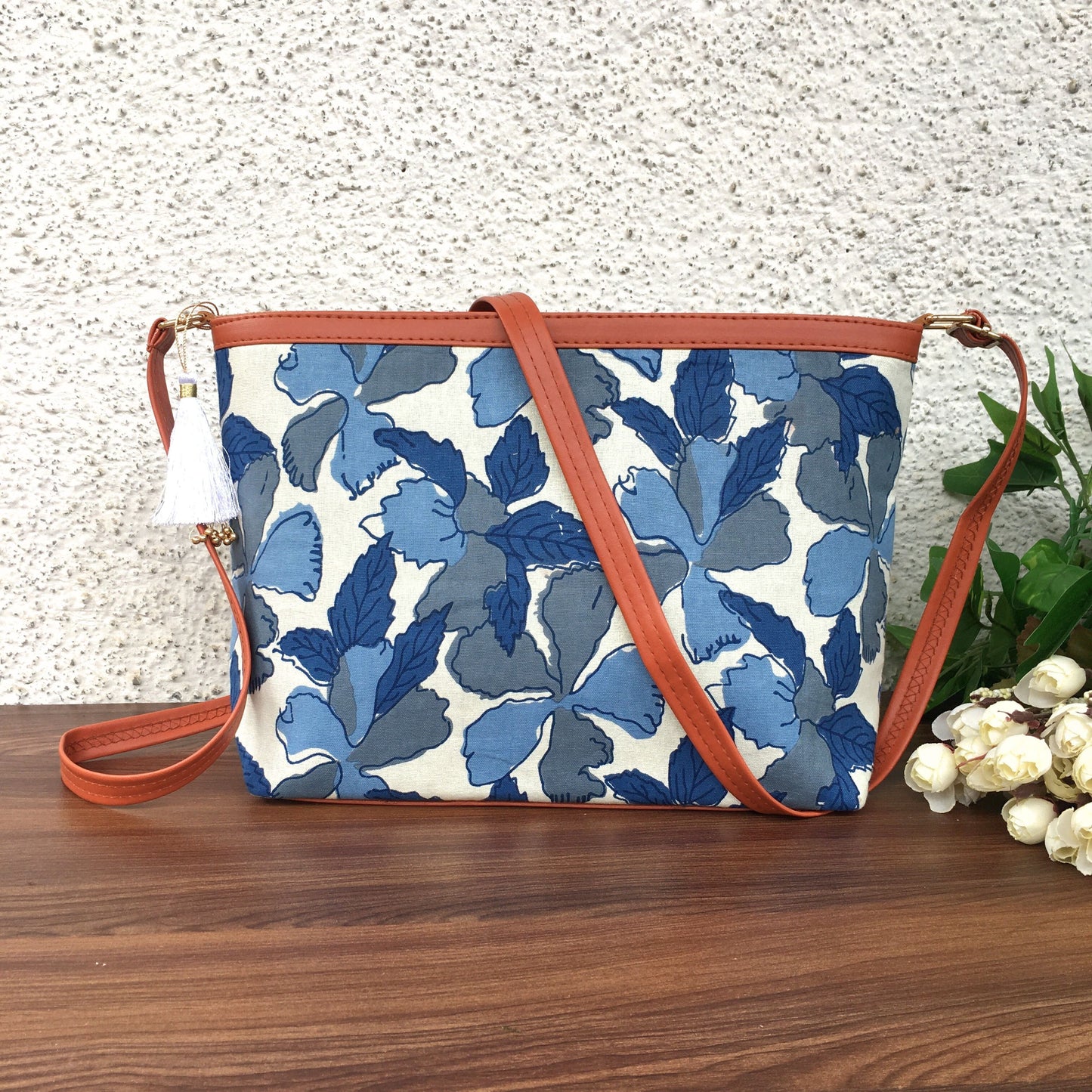 Minsk - 3 zip- Big size - Sling Bag - Flower & Leafs - Dark Blue