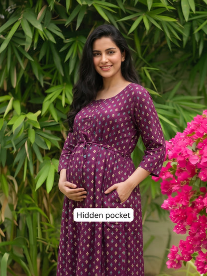 Kairavi - Purple - Maternity Dress with Feeding Zips - Soft Rayon