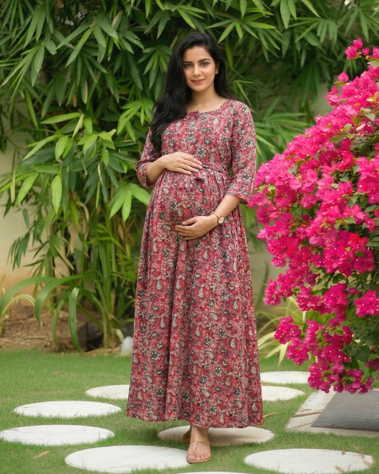 Red White Forrest - Maternity Kurti with Feeding Zips - Cotton Flex - Thicker Fabric