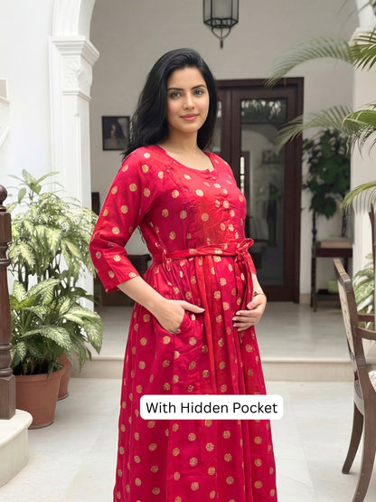 Gold Flower - Pink Red  - Maternity Kurti with Feeding Zips - Soft Rayon