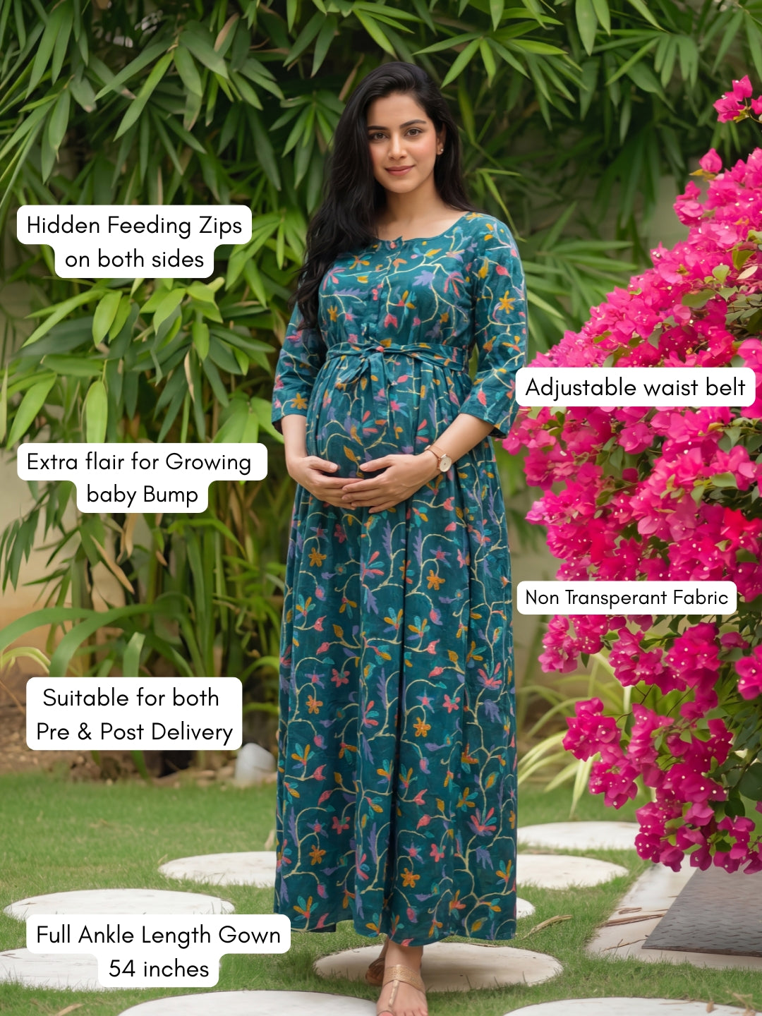 Daisy Sea Green - Maternity Dress with Feeding Zips - Pure Cotton