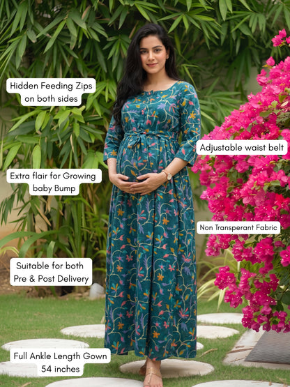Daisy Sea Green - Maternity Dress with Feeding Zips - Pure Cotton