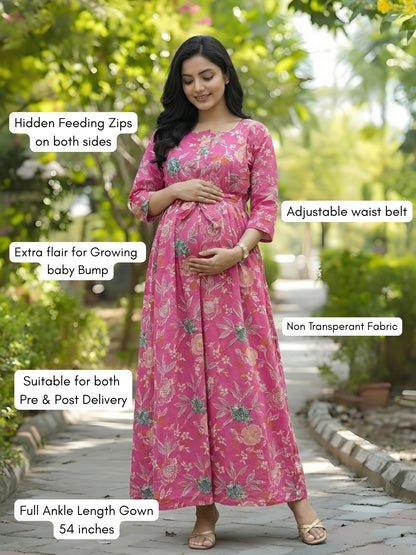 Pink Green Flower - Maternity Kurti with Feeding Zips - Cambric Cotton