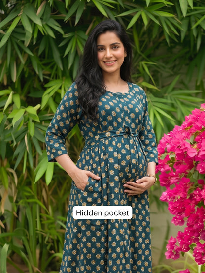 Curly Rose - Blue - Maternity Dress with Feeding Zips - Soft Rayon