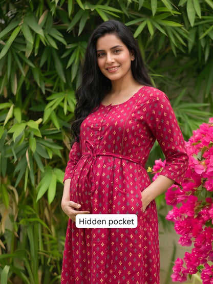 Kairavi - Pink - Maternity Dress with Feeding Zips - Soft Rayon