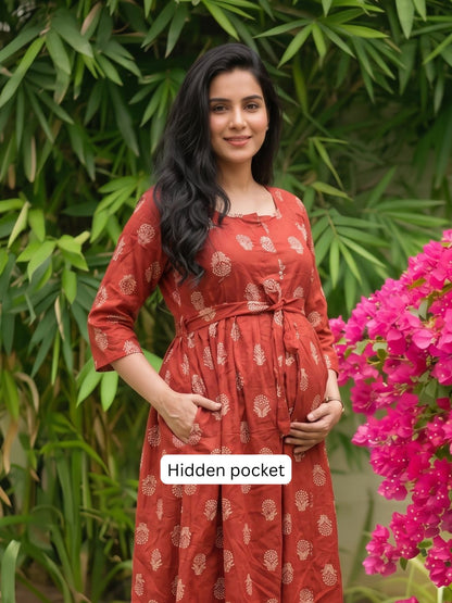 Rustic Flower - Red - Maternity Dress with Feeding Zips - Pure Cotton