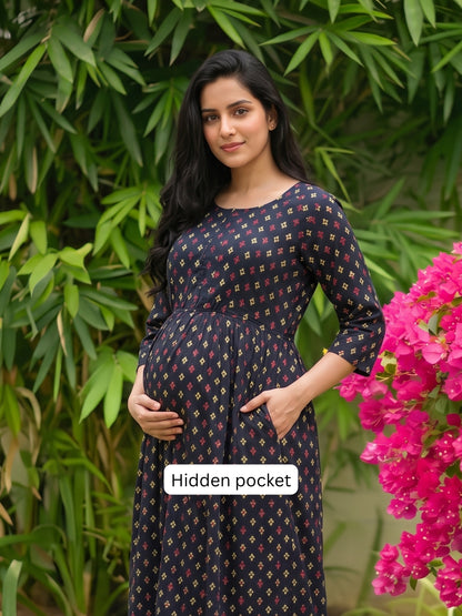 Kairavi - Blue - Maternity Dress with Feeding Zips - Soft Rayon