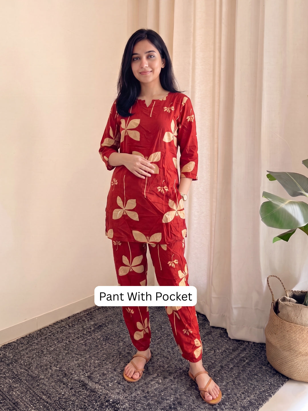 Red Motif Flower - Cord Set - Pure Cotton