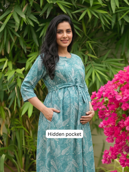 Tropical Forrest - Turqoiuse - Maternity Dress with Feeding Zips - Soft Rayon