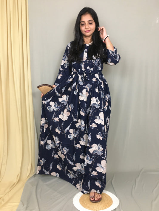 Flower & Leafs - Navy Blue - Maternity Kurti with Feeding Zips - Cotton Flex - Thicker Fabric