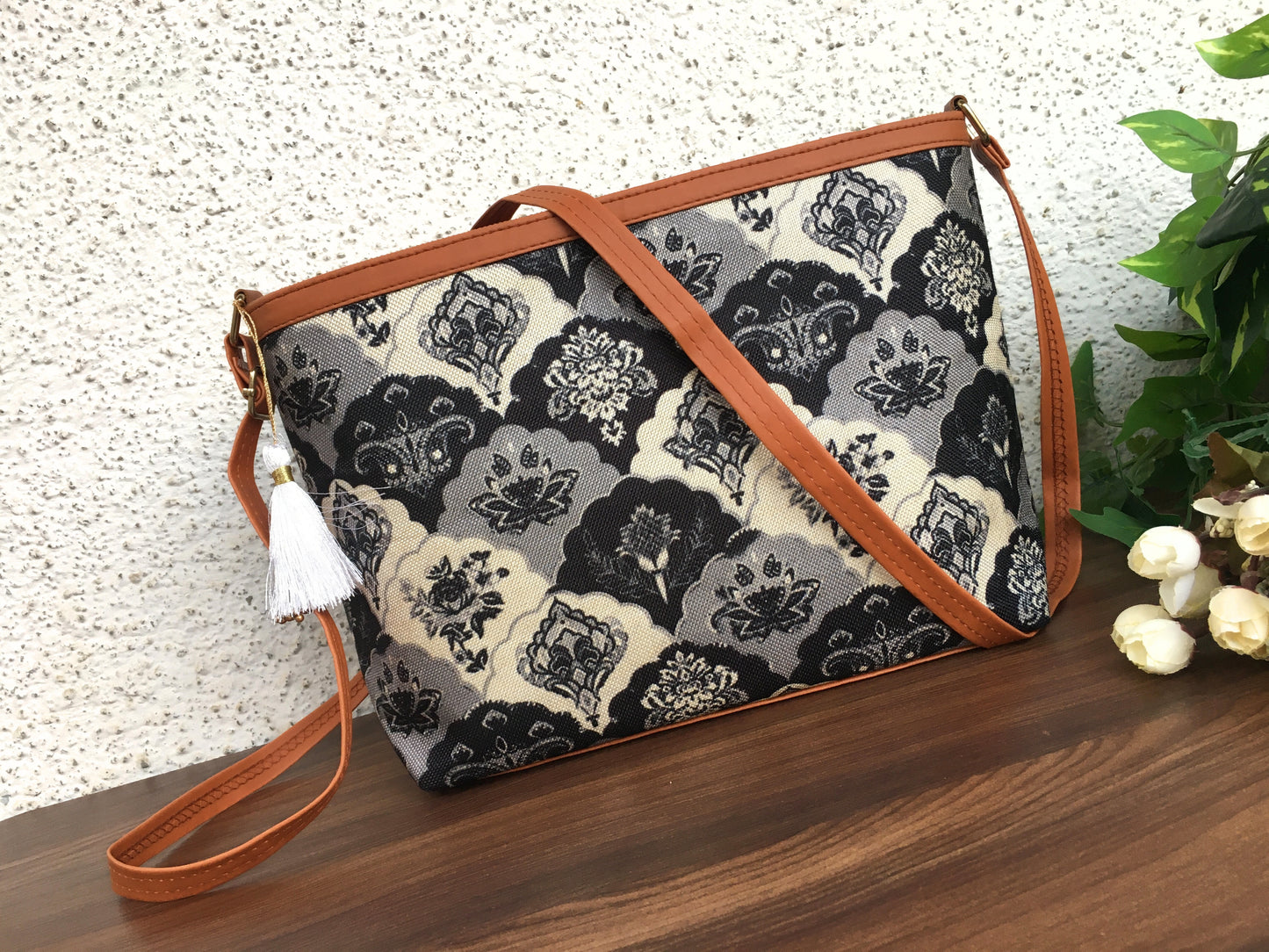 Minsk - 3 zip- Big size - Sling Bag - Royal Flower Black and White