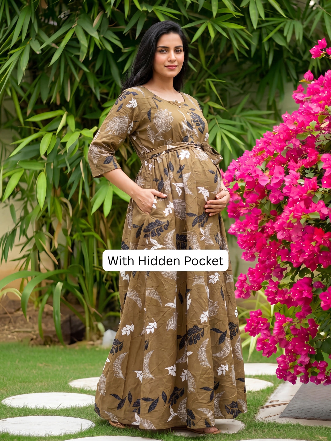 Brown White Leaf - Maternity Dress with Feeding Zips - Soft Rayon