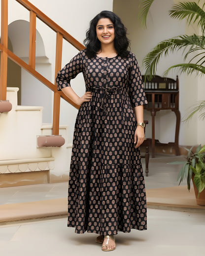 Ajrakh Sunflower Black - Maternity Kurti with Feeding Zips - Cotton Flex - Thicker Fabric
