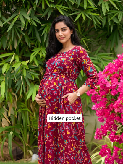 Red Daisy - Maternity Kurti with Feeding Zips - Pure Cotton