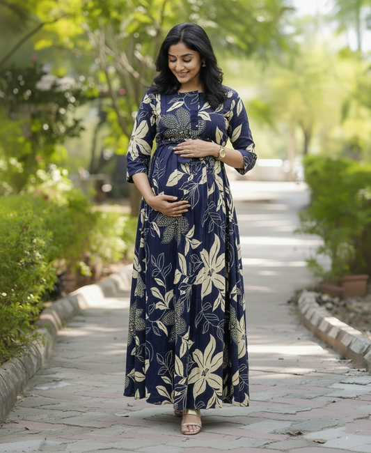 Lily flower Blue - Maternity Kurti with Feeding Zips - Cotton Flex - Thicker Fabric