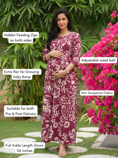 Florenza Wine - Maternity Dress with Feeding Zips - Soft Rayon