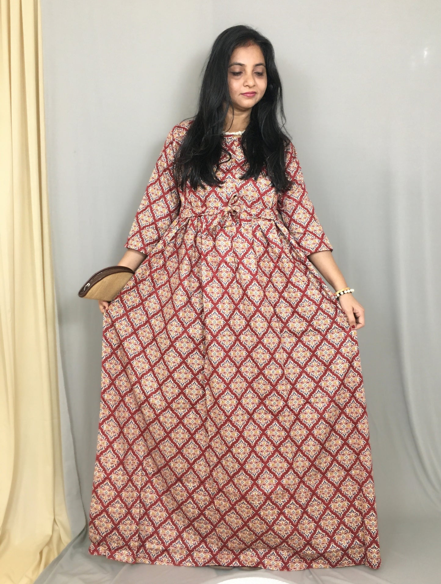 Dessert Flower - Red - Maternity Kurti with Feeding Zips - Cotton Flex - Thicker Fabric