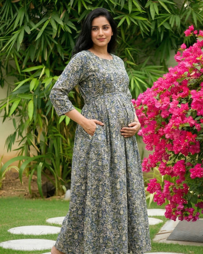 Green Blue Forrest - Maternity Kurti with Feeding Zips - Cotton Flex - Thicker Fabric