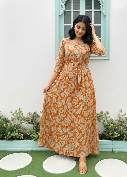 Leafy Stripes - Orange - Maternity Kurti with Feeding Zips - Soft Rayon