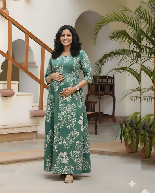Sea Green Leaf - Maternity Kurti with Feeding Zips - Soft Rayon