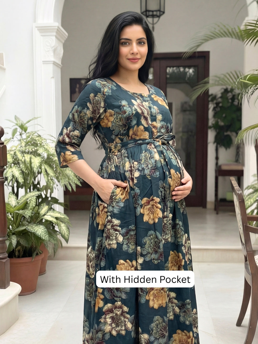 Gold & Cream Flower - Peacock Blue - Maternity Kurti with Feeding Zips - Soft Rayon