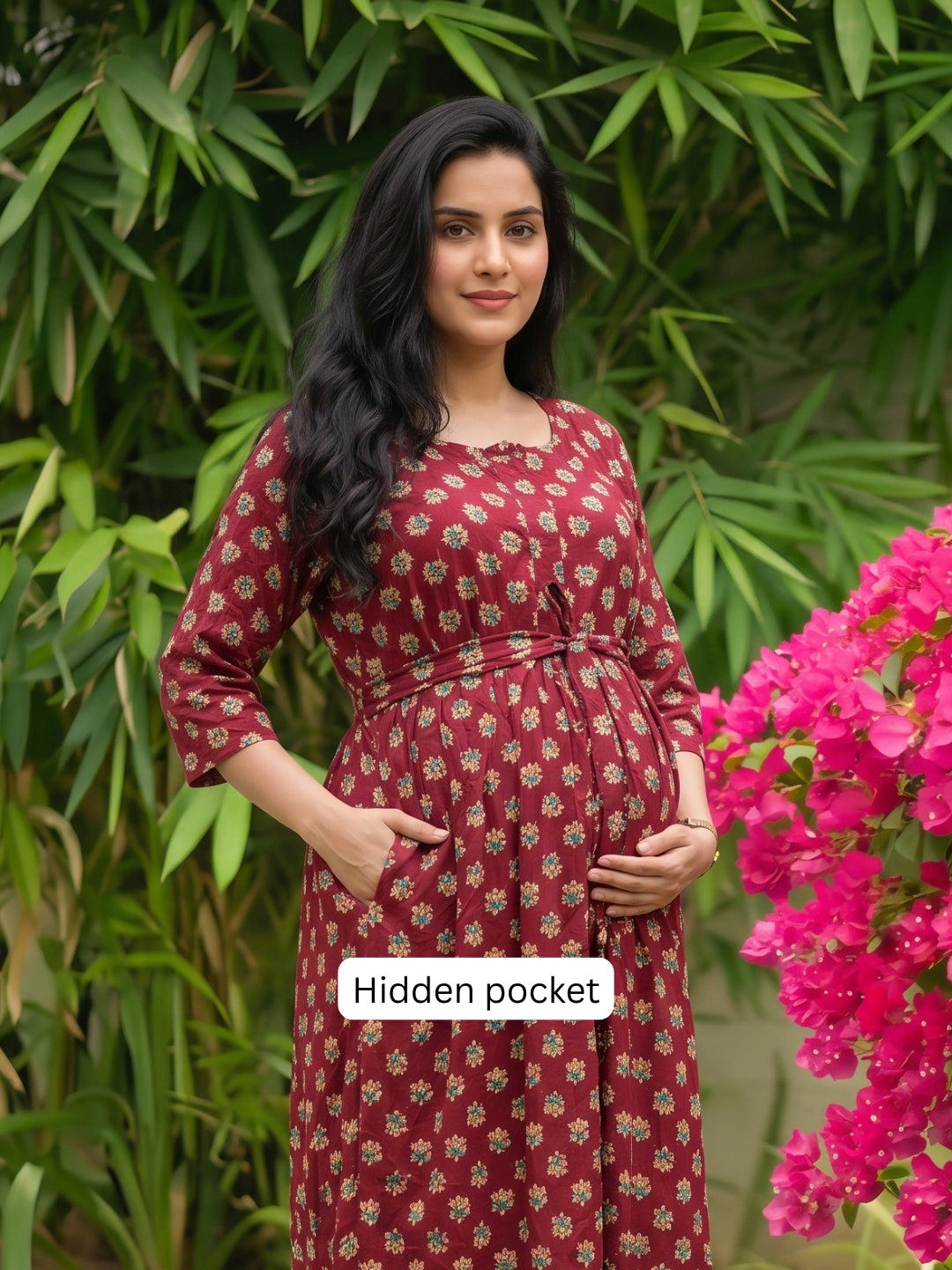 Curly Rose - Red - Maternity Dress with Feeding Zips - Soft Rayon