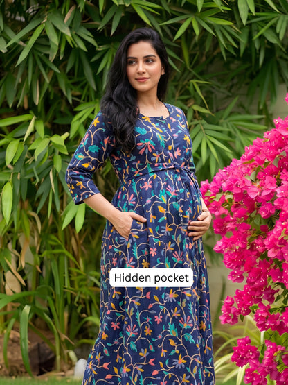 Daisy Blue- Maternity Dress with Feeding Zips - Pure Cotton