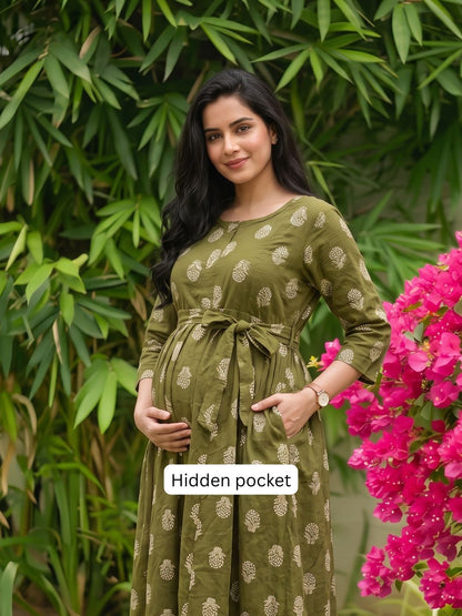 Rustic Flower - Green - Maternity Dress with Feeding Zips - Pure Cotton