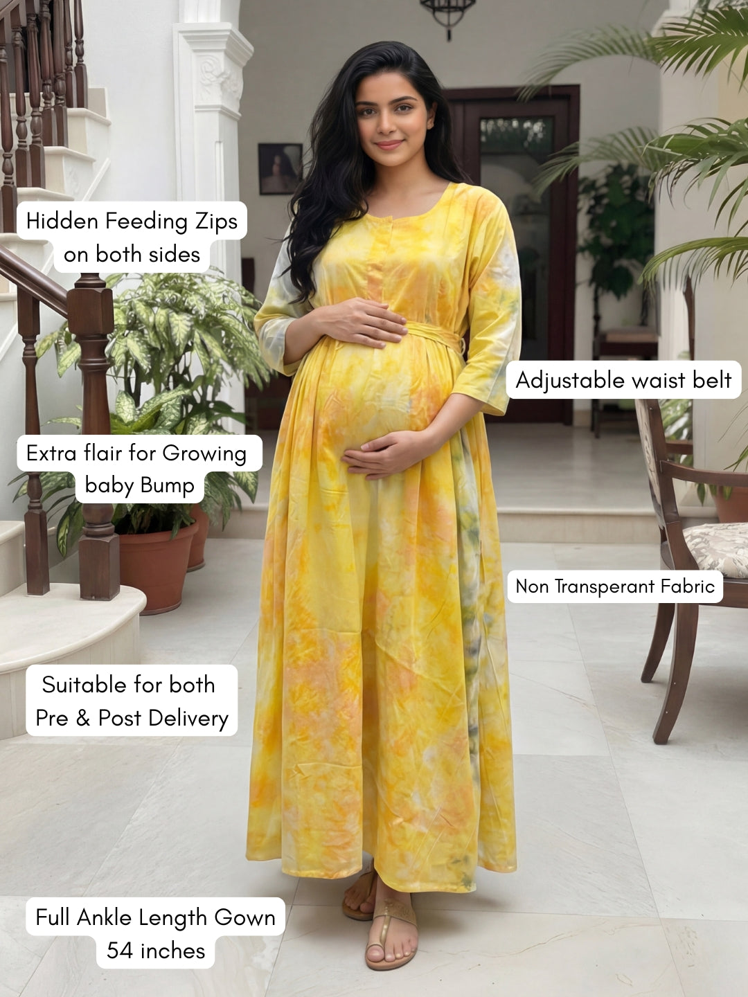 Tye Dye - Yellow Grey - Maternity Kurti with Feeding Zips - Soft Rayon