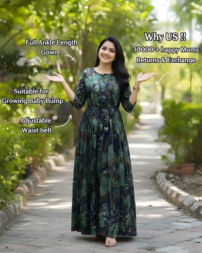 Floral Peacock Blue - Maternity Kurti with Feeding Zips - Soft Rayon