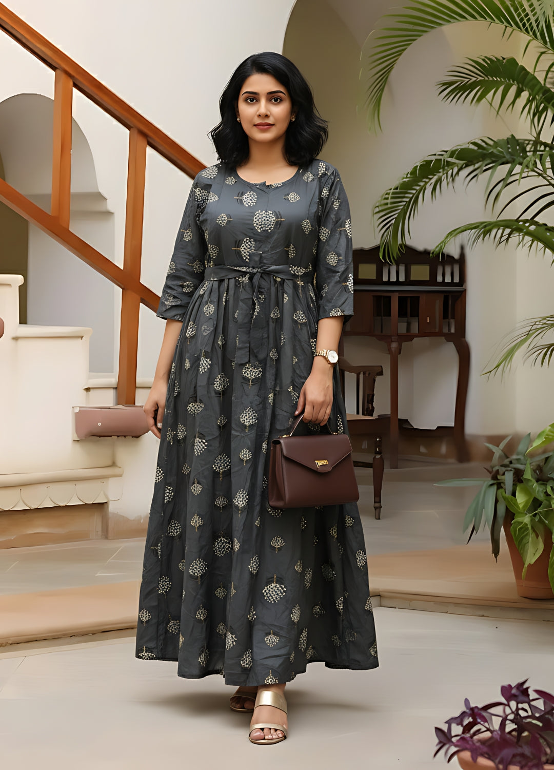 Grey White Flower - Maternity Kurti with Feeding Zips - Soft Rayon
