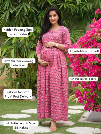 Pink Grey Flower - Maternity Dress with Feeding Zips - Pure Cotton